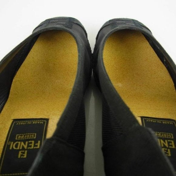 Fendi Black Suede & Leather Flats with FF Logo At Toes & Low Wedge Heels