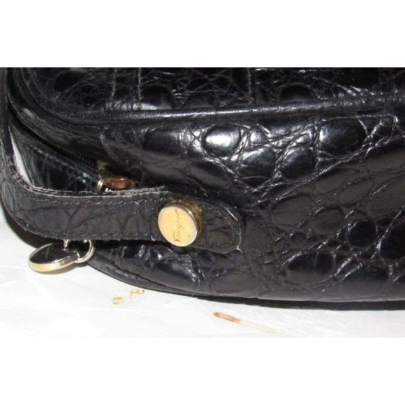 Salvatore Ferragamo Black Crocodile Embossed Leather With Gold Vara Accent Crossbody or Shoulder Bag