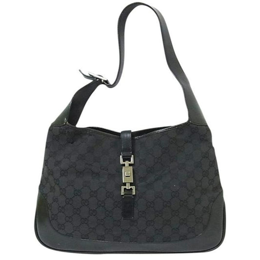 Gucci Jackie New O Logo Black Charcoal Gray Leather Canvas Hobo Bag