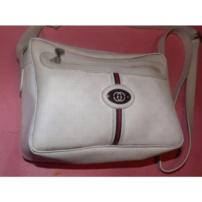 Gucci Vintage White Leather White Small G Logo Print Coated Canvas And Red Blue Stripe