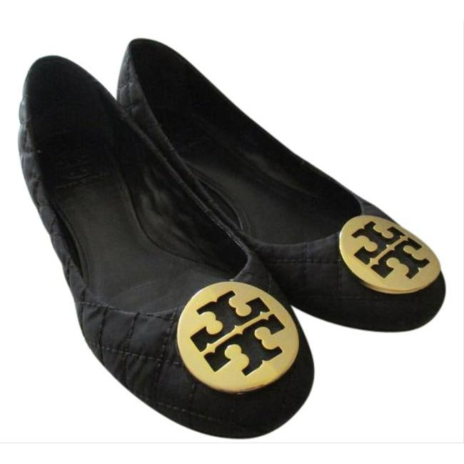 Tory Burch Black Gold Logo Quilted Ballet Flats Size Us