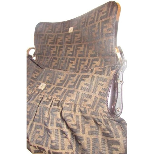 Fendi Xl Ruched Canvasleather Chef Style Tobacco Zucco Print Leather And Canvas Shoulder Bag