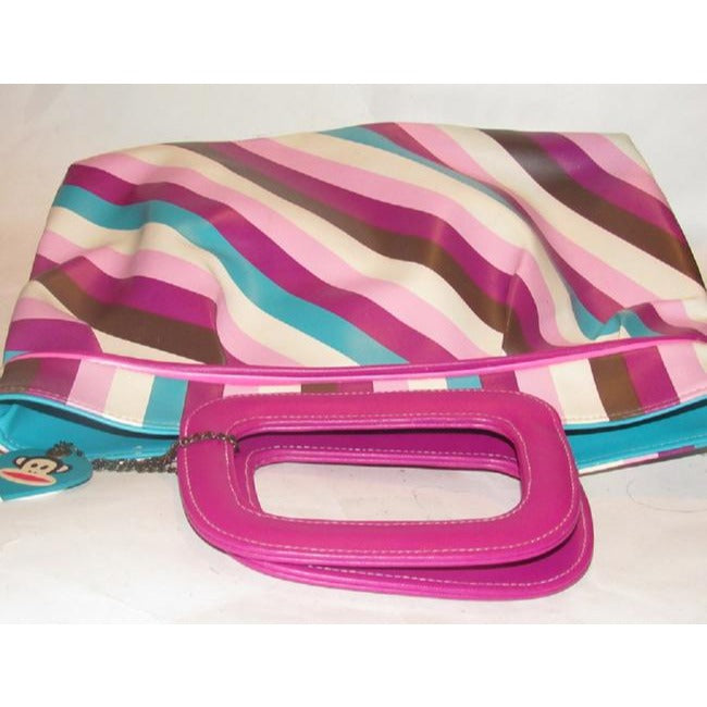 Paul Frank Pursesdesigner Purses Ivory Turquoise Plum And Lavender Striped Print Pvc Tote