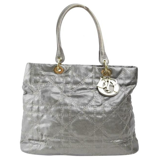 Dior Silver Quilted Lady XL Cannage Tote With Rolled Handles