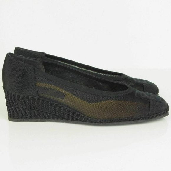 Fendi Black Suede & Leather Flats with FF Logo At Toes & Low Wedge Heels