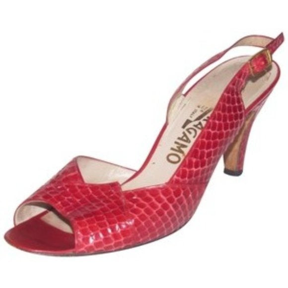 Salvatore Ferragamo Red Snakeskin Leather D'Orsay Sandals