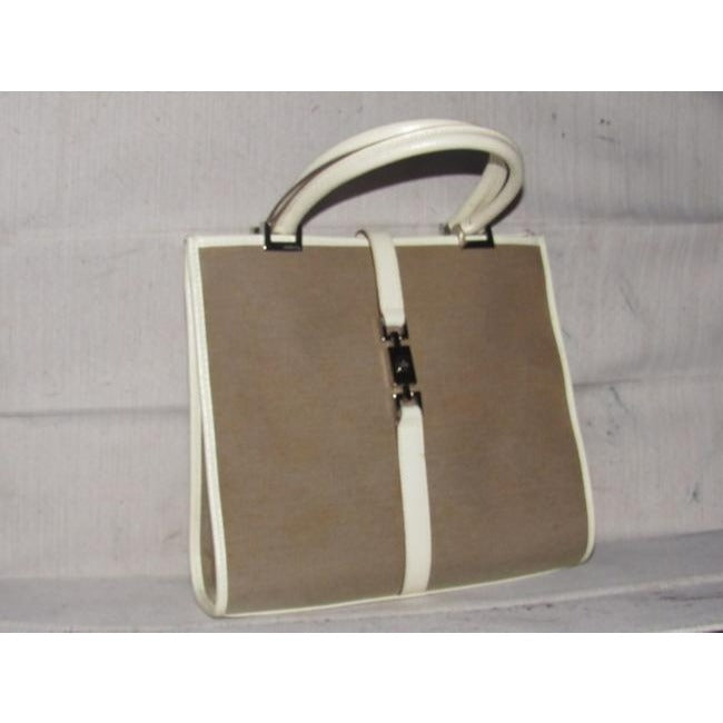 Gucci Bardot Vintage White Leather And Khaki Canvas With Chrome Hardware Hobo