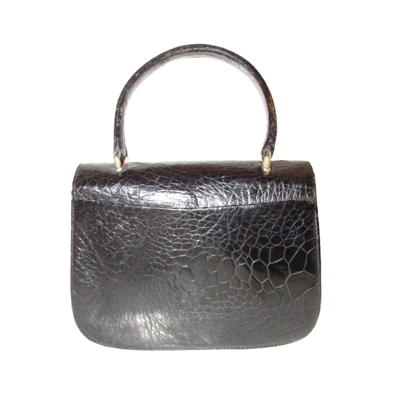 Giorgio GUCCI, Bamboo 1947 style, dark navy crocodile leather, top handle purse with sterling hardware, a boxy, structured shape, & an envelope style top