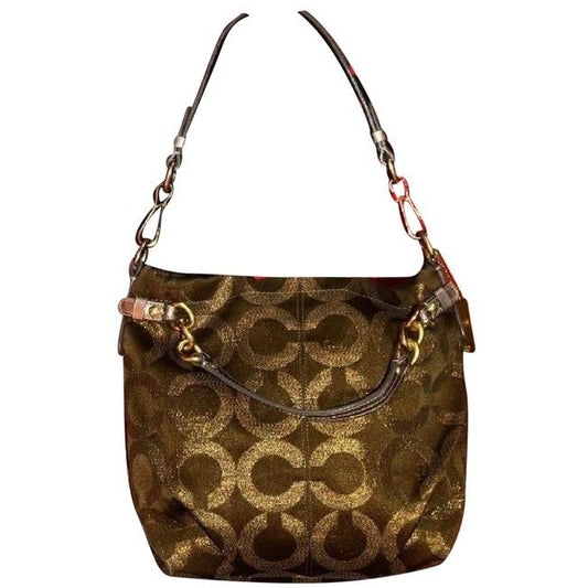 Coach Vintage Pursesdesigner Purses Bronze Sateen Logo Print Fabric And Buttery Soft Silver Leather