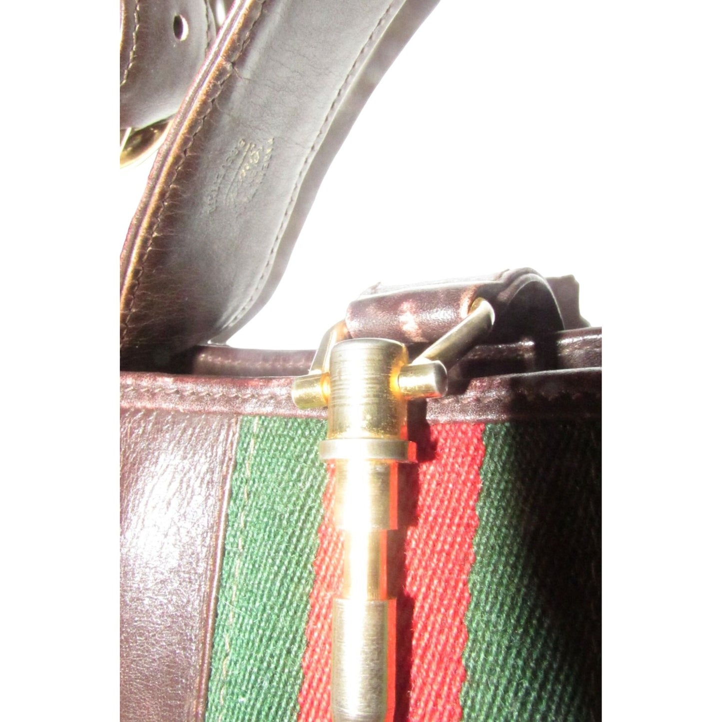 Rare, vintage, Gucci, 1961 Jackie, glossy brown leather hobo style shoulder bag with a red and green center stripe & gold piston closure