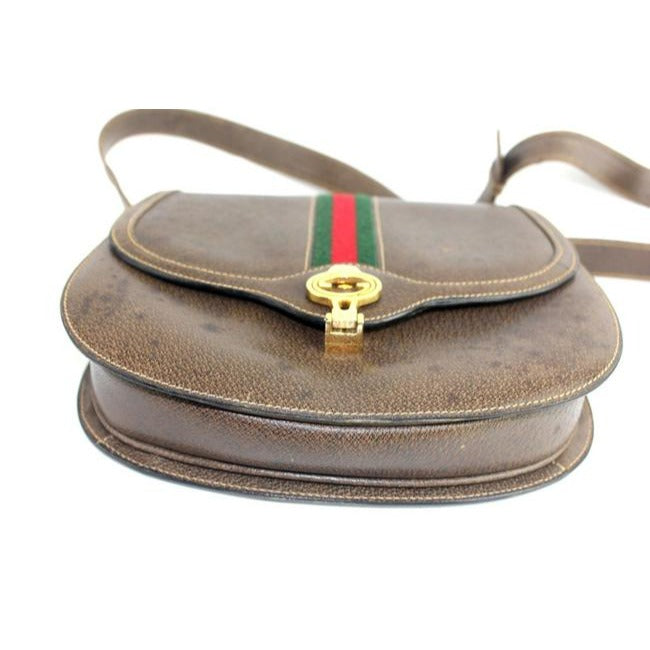 Gucci W Saddle Style Purse Red Green Stripe Brown Leather Shoulder Bag