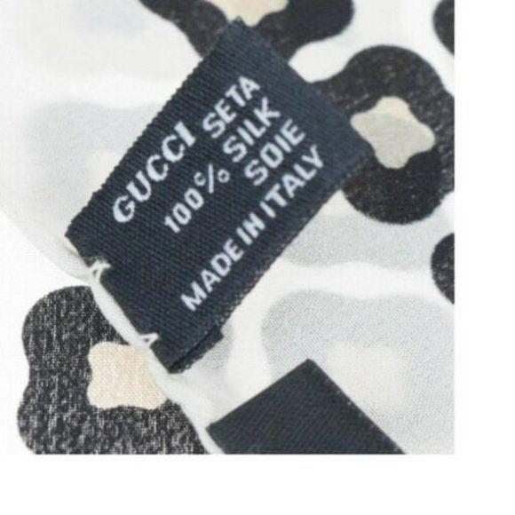 Gucci Tan Black White Print Geometric Silk Scarf