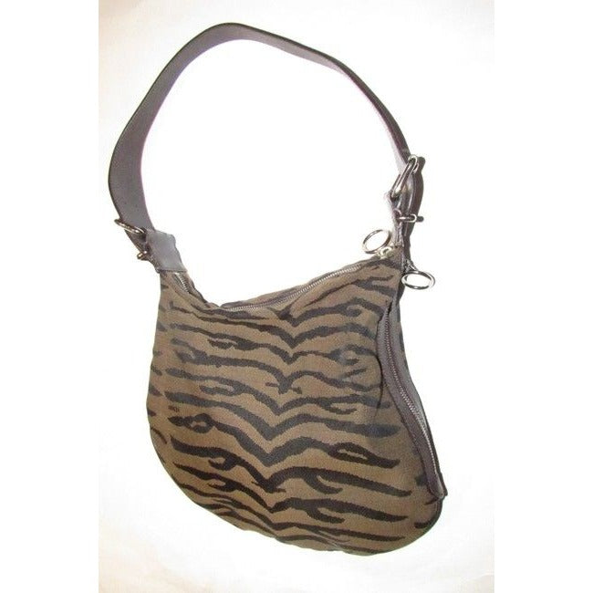 Fendi Large Oyster Style Shoulder Purse Brown And Black Tiger Print Canvas And Brown Leather Leather