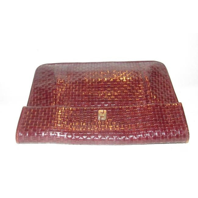 Fendi Vintage Purses Brown Woven Leather With A Leather Strap Handle In The Back Clutch