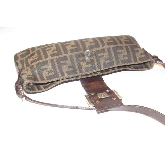 Fendi Baguette Style Shouldercross Body Purse Zucco Print In Browns Canvas And Leather Shoulder Bag