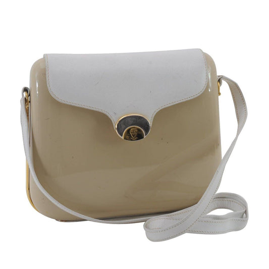 Vintage Gucci beige Lucite boxy, hard, clam shell style cross body/shoulder purse with a white leather flap top and gold horse-bit accents