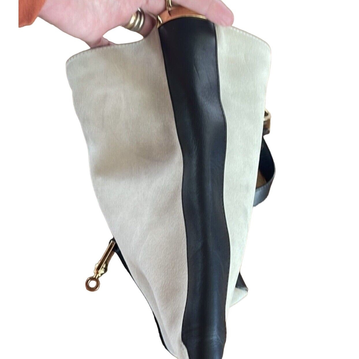 Vintage, Tom Ford era, Gucci, ivory suede & black leather, Jackie hobo shoulder bag with gold hardware