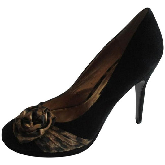 Beverly Feldman Black And Gold Leopard Soft Brushed Suede Pumps Size Us