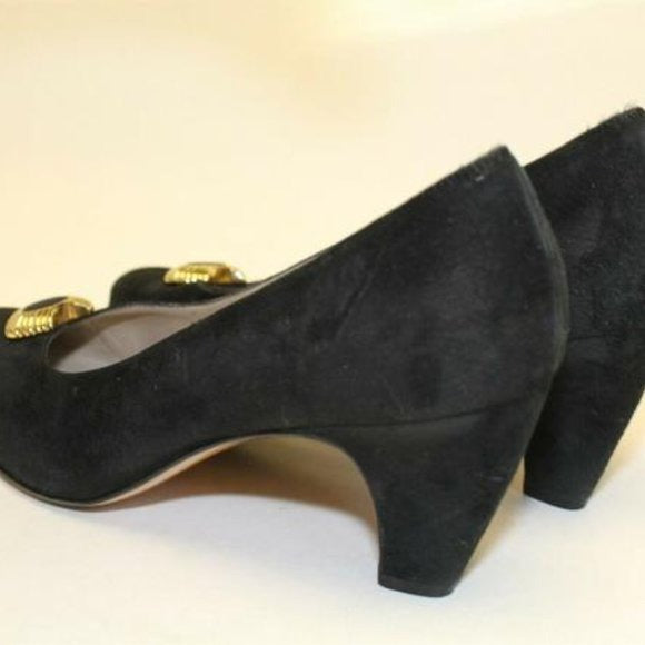 Salvatore Ferragamo black suede kitten Heels with round, scalloped gold and enamel, buckle accents!