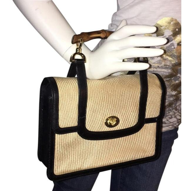 Gucci Box Handle Lunch Black Leather And Ivory Raffia Fabricraffia With Bamboo Satchel