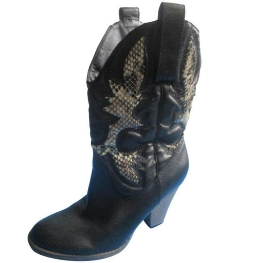 Mia Black And Cream Girl Laurene Taupe Lizard Motif Pull On Cowboy Bootsbooties Size Us