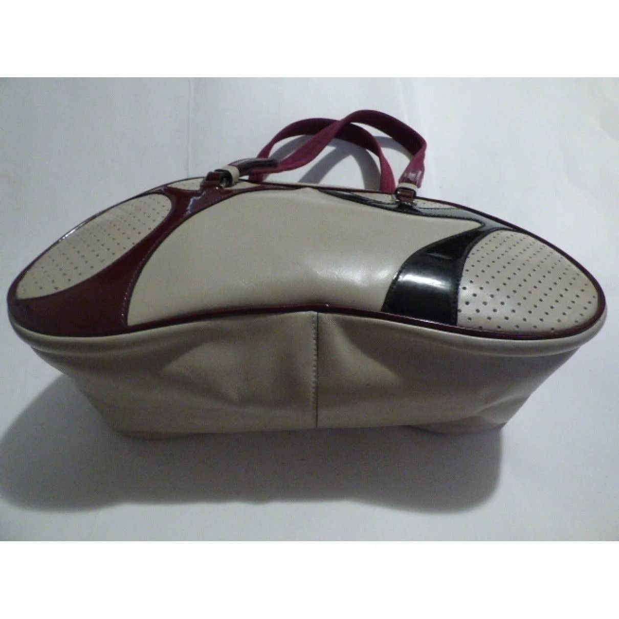 Vintage, 1990s Prada, light taupe leather and burgundy and black patent leather, satchel/ bowling bag style purse in a kidney shape