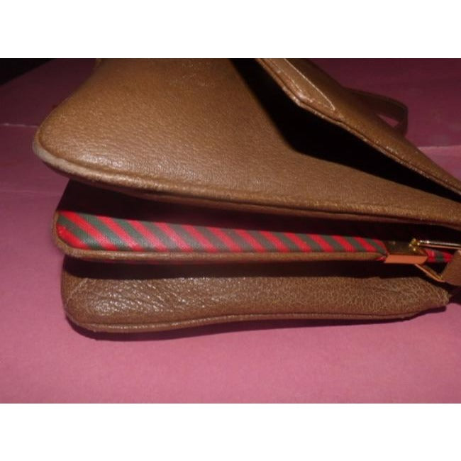 Gucci Vintage Brown Leather With Red Green Stripes Leather Striped Coated Canvas