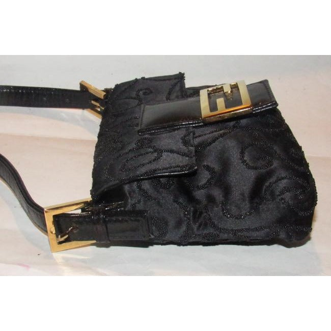 Fendi Purses Black Satin And Leather With Geometric Beaded Embellishments Beading Baguette