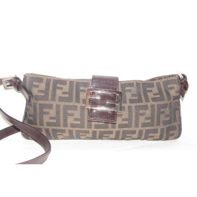 Fendi Baguette Style Shouldercross Body Purse Zucco Print In Browns Canvas And Leather Shoulder Bag