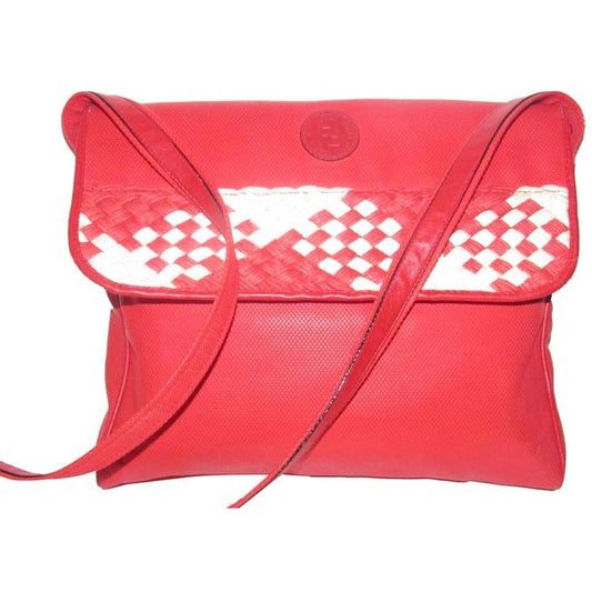 Fendi Sas Envelope Or Shoulder Purse Tomato Red Saffiano Leather And Woven Red And Ivory Jute Cross