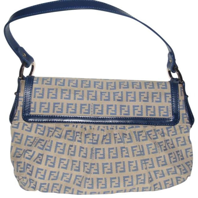 Fendi Pursesdesigner Purses Blue Small F Logo Print On Tan Canvas And Navy Leather Hobo Bag