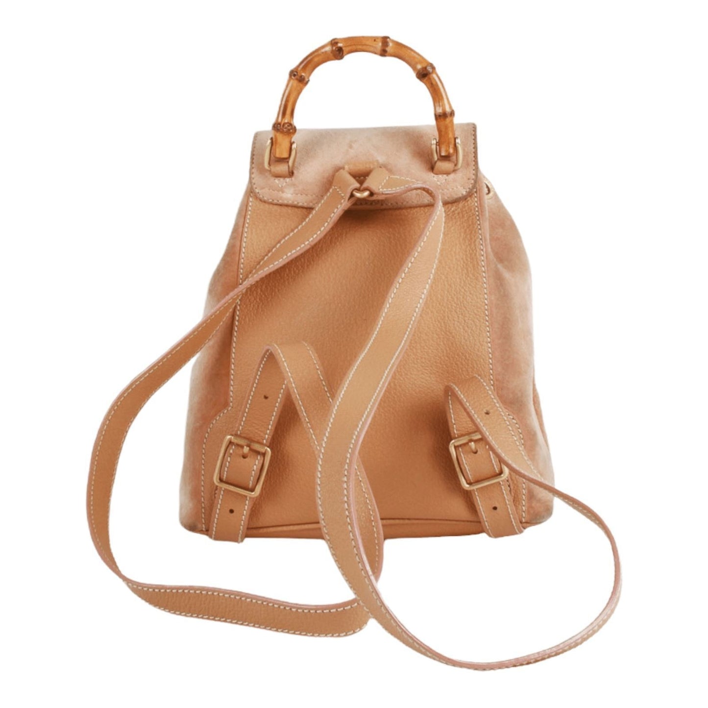 Tom Ford era, Gucci, tan colored, suede and leather, messenger bag/backpack with an exterior pocket, drawstring top, two shoulder strap