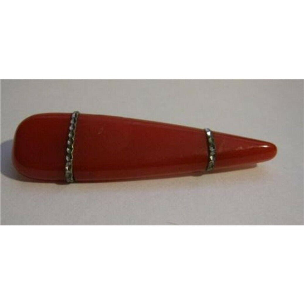 Art Deco Era Red Bakelite Stylized Elongated Teardrop Silver Metal Brooch Pin