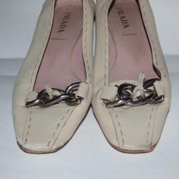 Prada Ivory Squared Pointy Toe Kitten Heel with Chrome  Chain