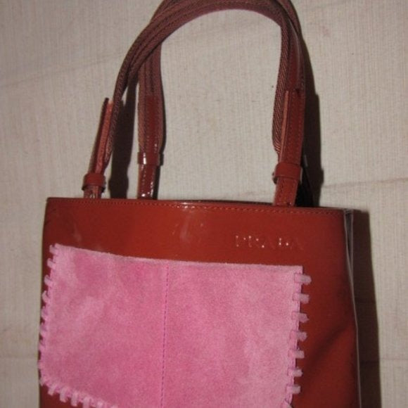 Prada Vintage Red Patent Leather And Pink Suede Petite Whipstitched Tote Bag