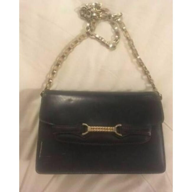 Gucci Horsebit Clutch W Structured Boxy Two Way Strap Black Leather Gold Chain Shoulder Bag