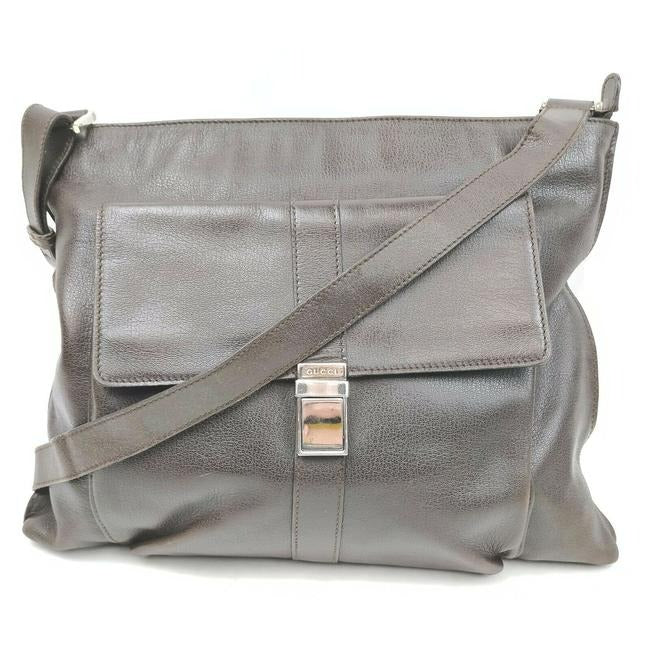 Gucci Shoulder Horsebit W Exterior Pocket And Accent Brown Leather Chrome Messenger Bag