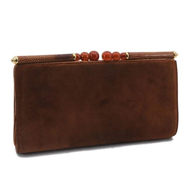 Gucci Caramel Suede Clutch With Reptile Trim And Resin Accent Clasp