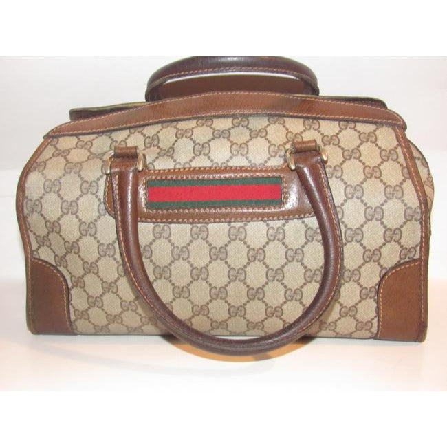 Gucci Xl W Guccissima Print Canvasleather Stripe Brown Coated Canvas And Leather Satchel