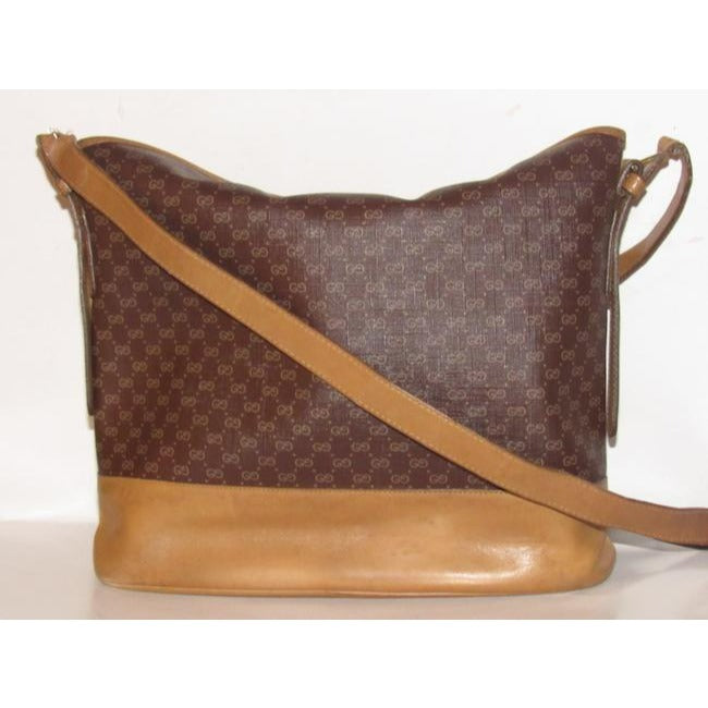 Gucci Camel Micro Logo Print On Brown Leather Bucket Bag