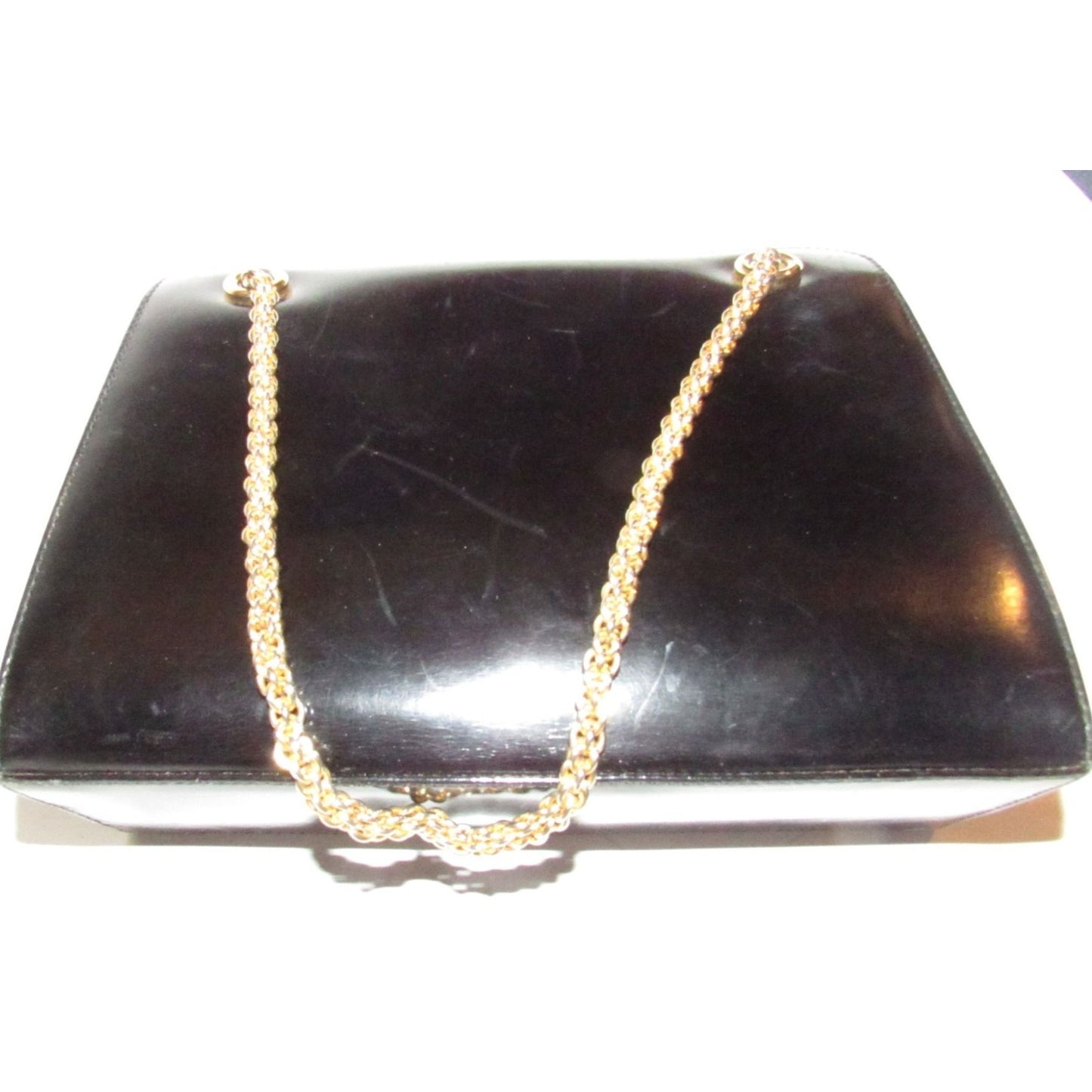 Rare 60s, mod, Giorgio Gucci, black leather, satchel style shoulder bag with a snap hinged top, two heavy gold chain shoulder straps