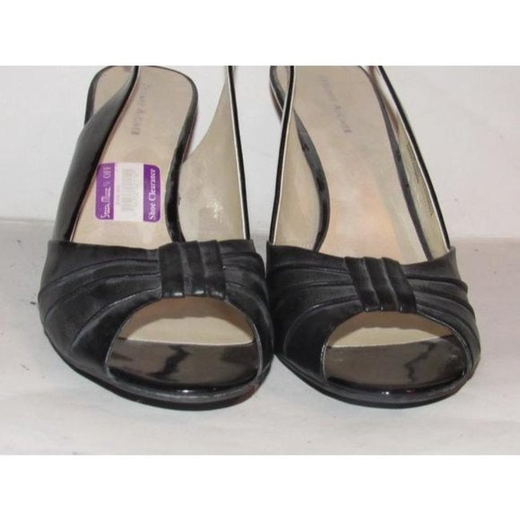 Etienne Aigner, size 9.5B, black leather and patent leather, open toe, 3.5" kitten heels with a sling back style!