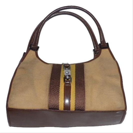 Gucci Tan Canvas and Brown Leather Jackie Bardot Style Hobo Shoulder Bag W Yellow & Brown Sherry Stripe & Chrome Hardware