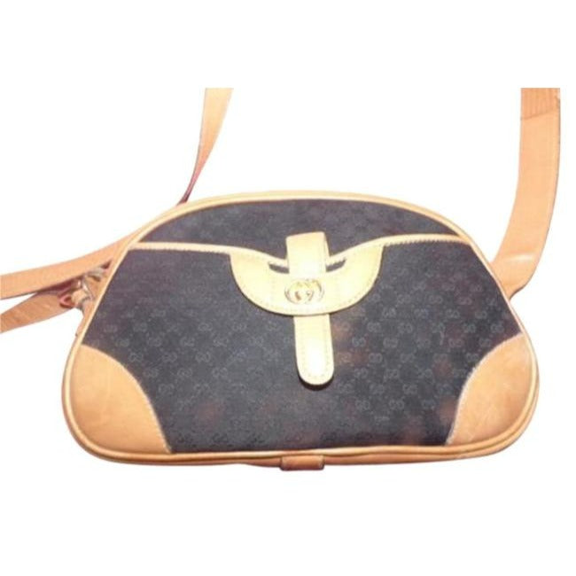 Gucci Vintage unique, RARE, camel leather & black micro Guccissima print canvas, top zip, 'camera bag' style, cross body