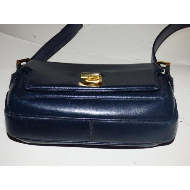 Gucci, RARE, bohemian/mod, navy blue leather, envelope top, shoulder purse with bold gold 'G' twist closure