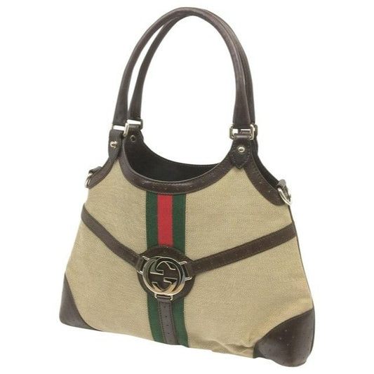 Gucci britt reins blondie, dark khaki canvas & brown leather, two handle, two-way- satchel or hobo style purse with an open top, red and green Sherry stripe and chrome GG accent