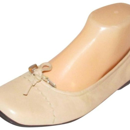 Prada Pink Beige Leather Ballet Flats with an Almond Toe and Bow with Chrome Accents