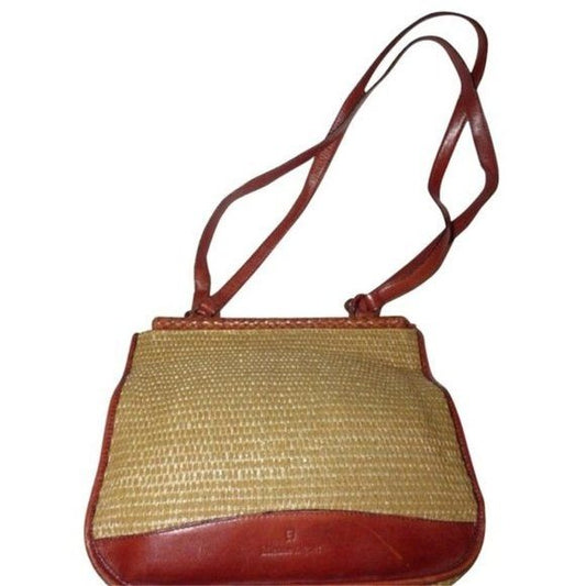 Vintage, Etienne Aigner, natural color woven raffia and chestnut brown leather, shoulder purse