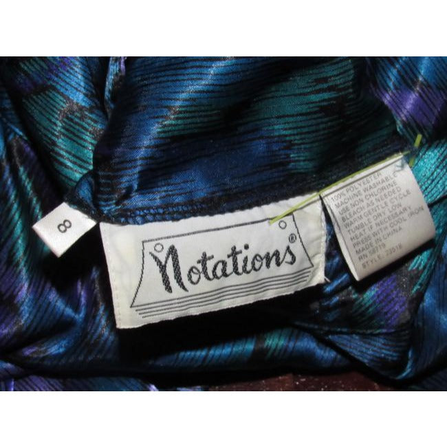 Notations Teal Green Purple And Black Peacock Print Silky Polyester Vintage Secretary Top