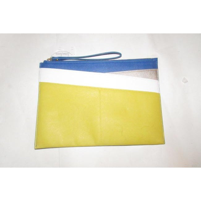 Neiman Marcus Color Block Purse Yellow Cobalt Blue Pewter And White Faux Saffiano Leather Clutch